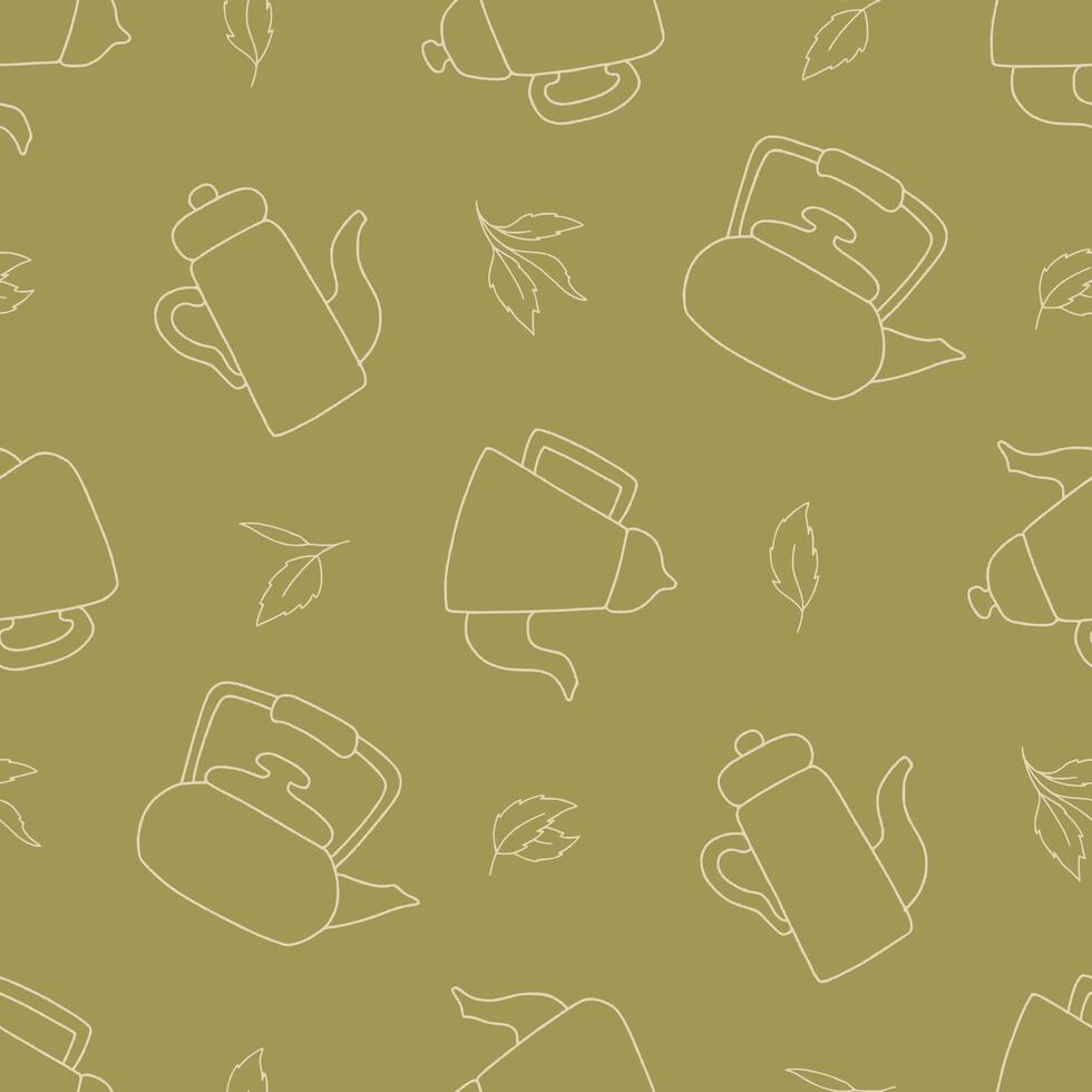 Outline Teapot Tea Leaves Seamless Pattern illustration Design vector