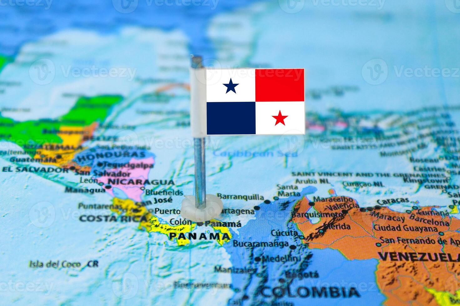Panama flag on the map with selective focus and shallow DOF photo