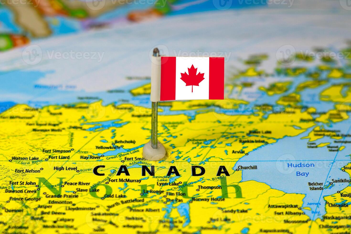 Canada flag on the map. Selective focus. Map of Canada photo