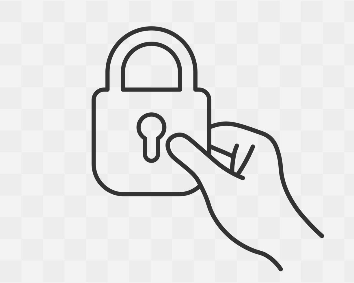 Lock in hand symbol icon. Hand holding padlock line art logo sign. illustration image. Isolated on background. vector