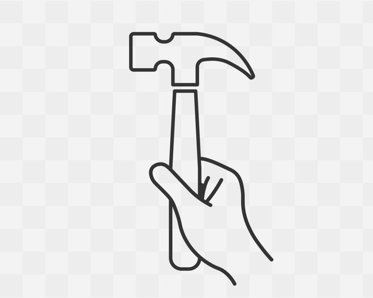 Worker hammer in hand icon symbol line art. Builder tool and hand logo sign. illustration image. Isolated on background. vector