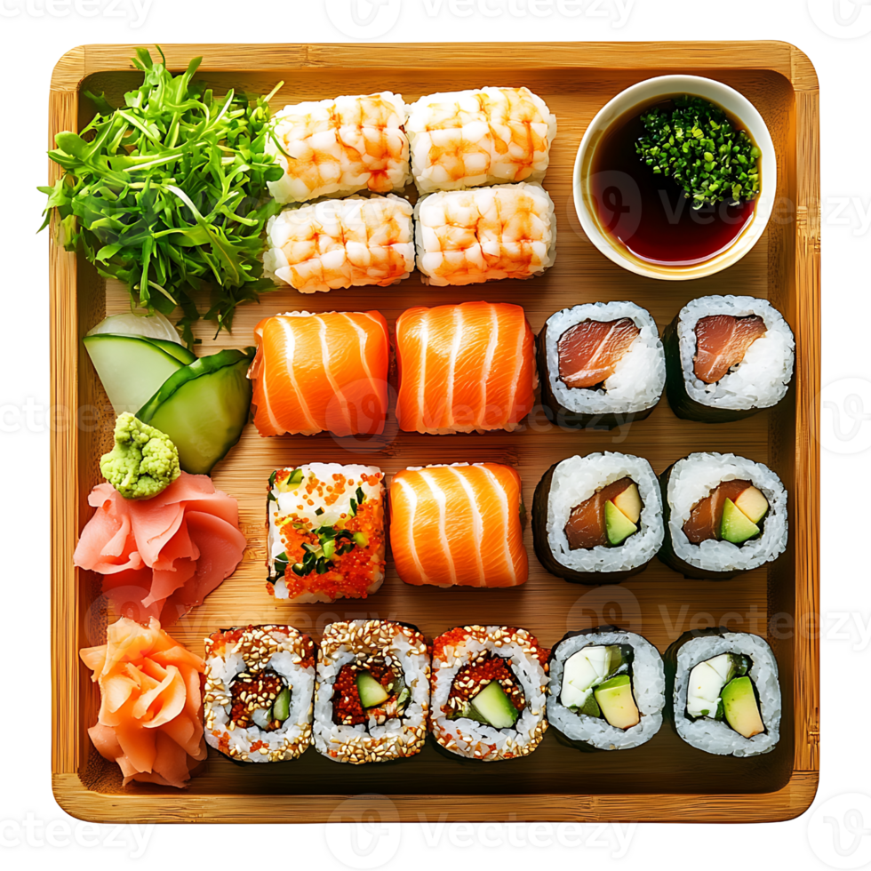 Sushi platter with various types of sushi png
