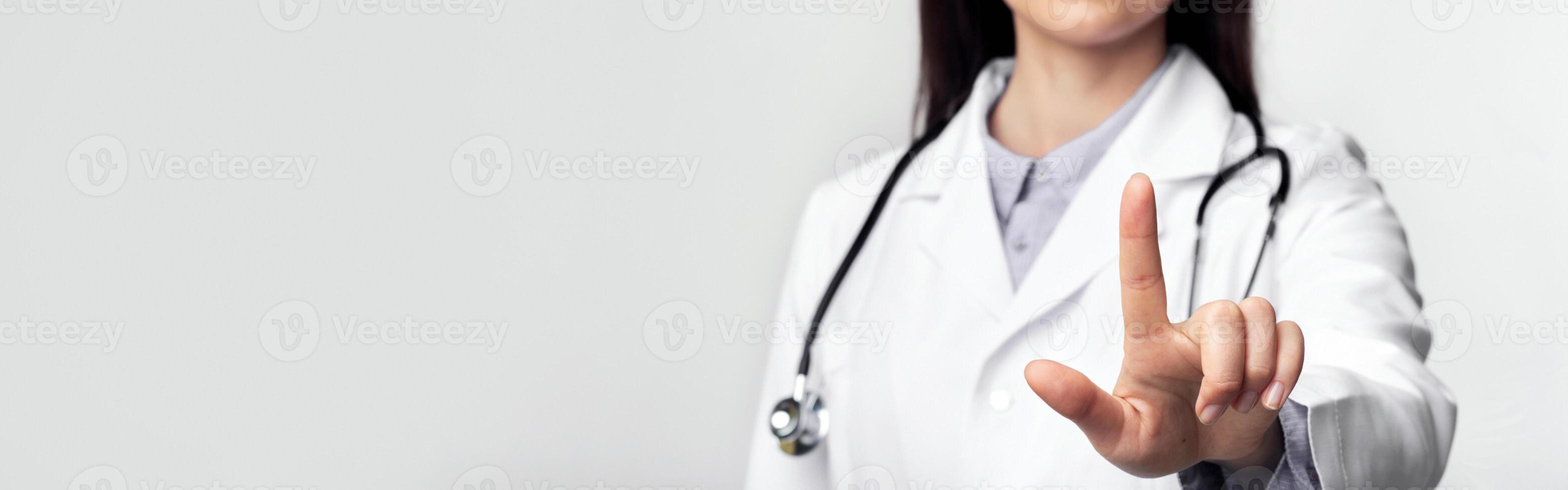 Telemedicine. Unrecognizable Doctor Using Invisible Medical Touchscreen Pressing Button In Studio Over White Background. Cropped, Panorama photo