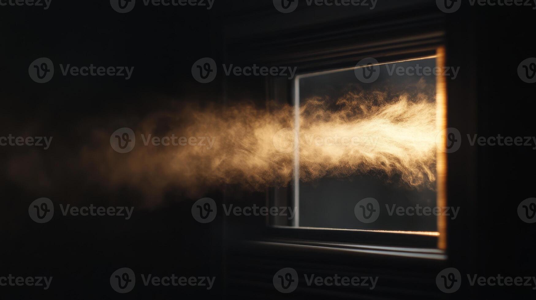 Warm light streams through an open window, illuminating dust particles in the air and creating an ethereal effect in the dimly lit space during the evening. The room feels cozy and inviting. photo