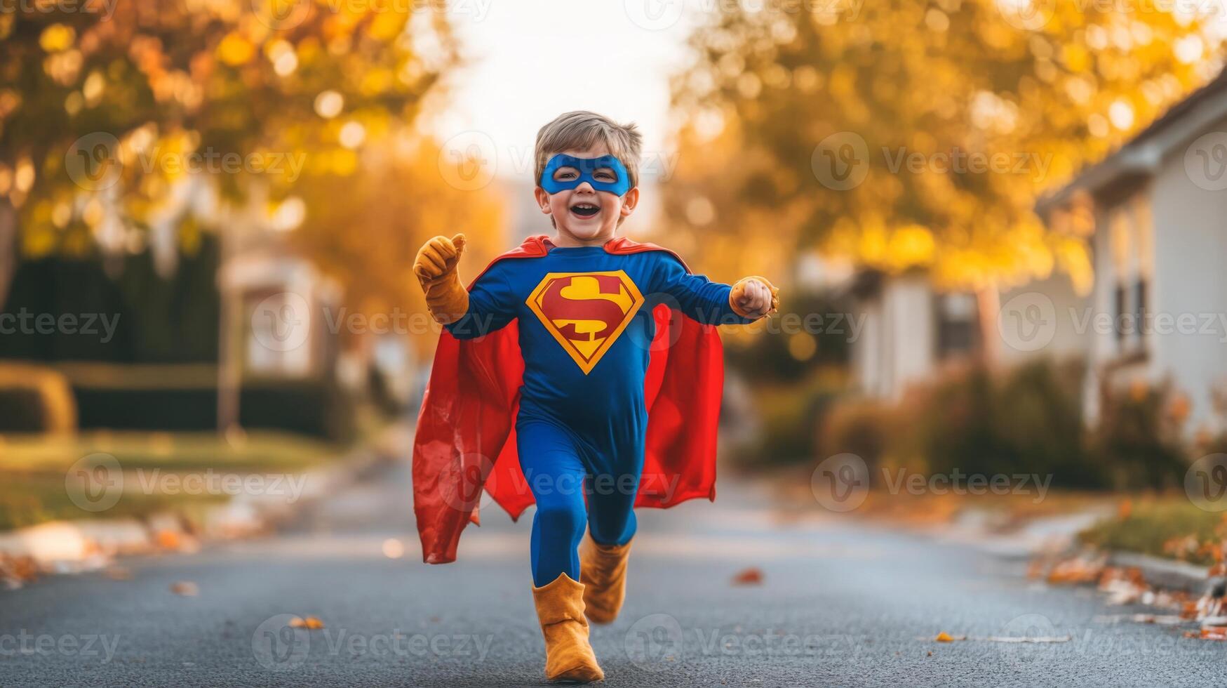 A young child dressed as a superhero energetically runs down a tree-lined neighborhood street. Colorful autumn leaves blanket the ground, creating a cheerful atmosphere as the sun sets. photo