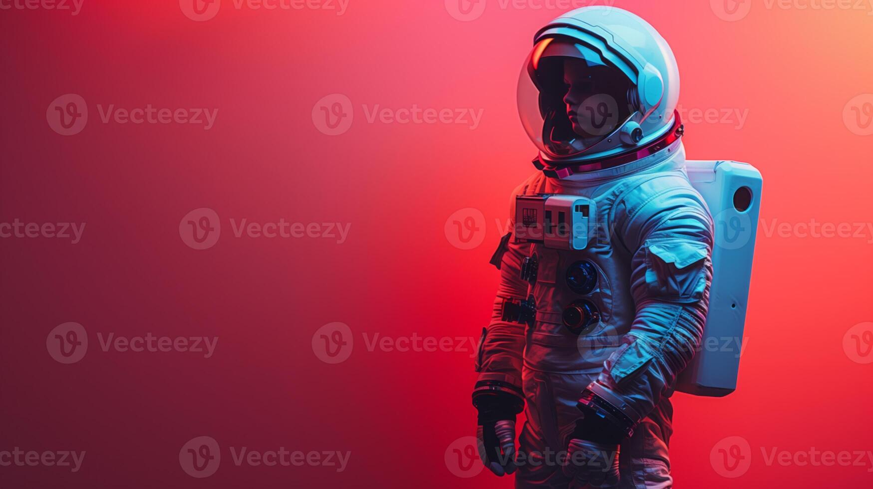 A full-length photo of a young boy wearing an astronaut suit, standing in front of a gradient background of red and blue lighting.