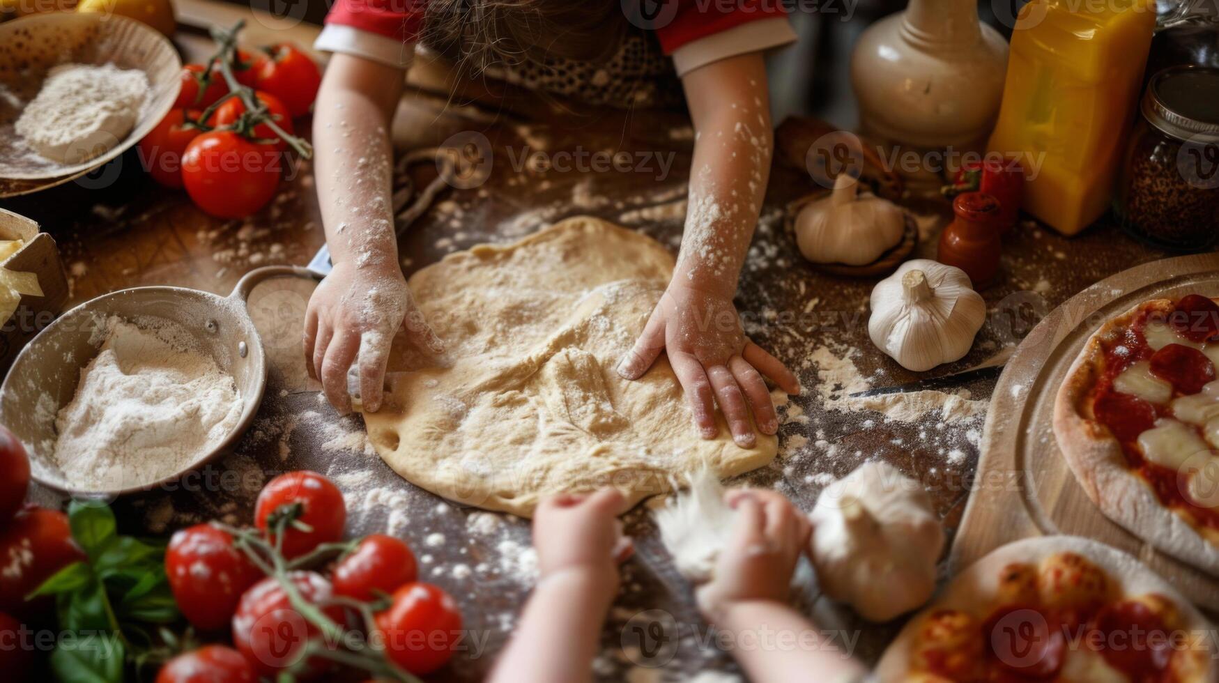 Two children make pizza dough on a wooden table, surrounded by ingredients like tomatoes, garlic, and flour. photo