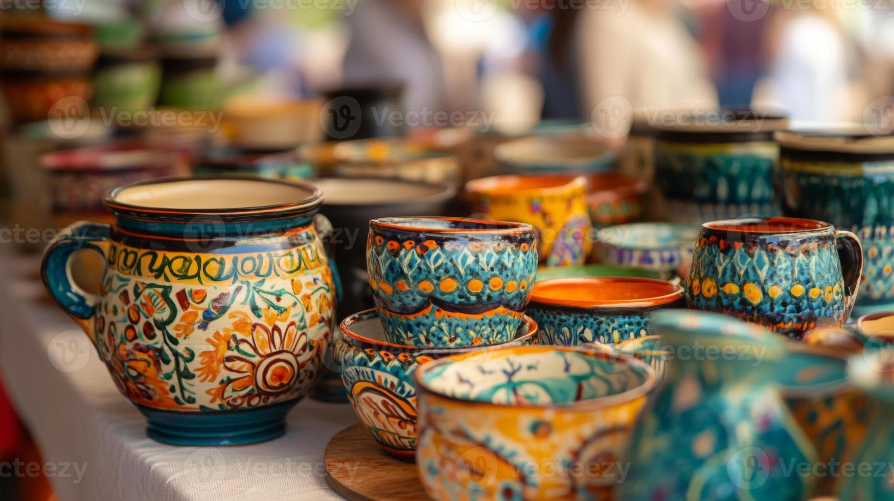 Brightly colored pottery featuring intricate designs is set out for sale at a bustling artisan market. photo