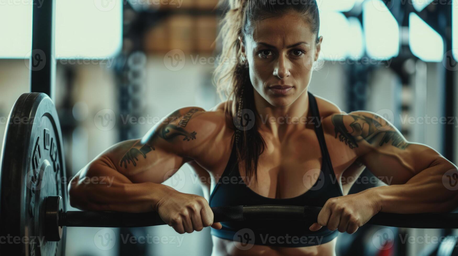 A woman with tattoos lifts weights in a gym, showcasing her strength and dedication to fitness. photo