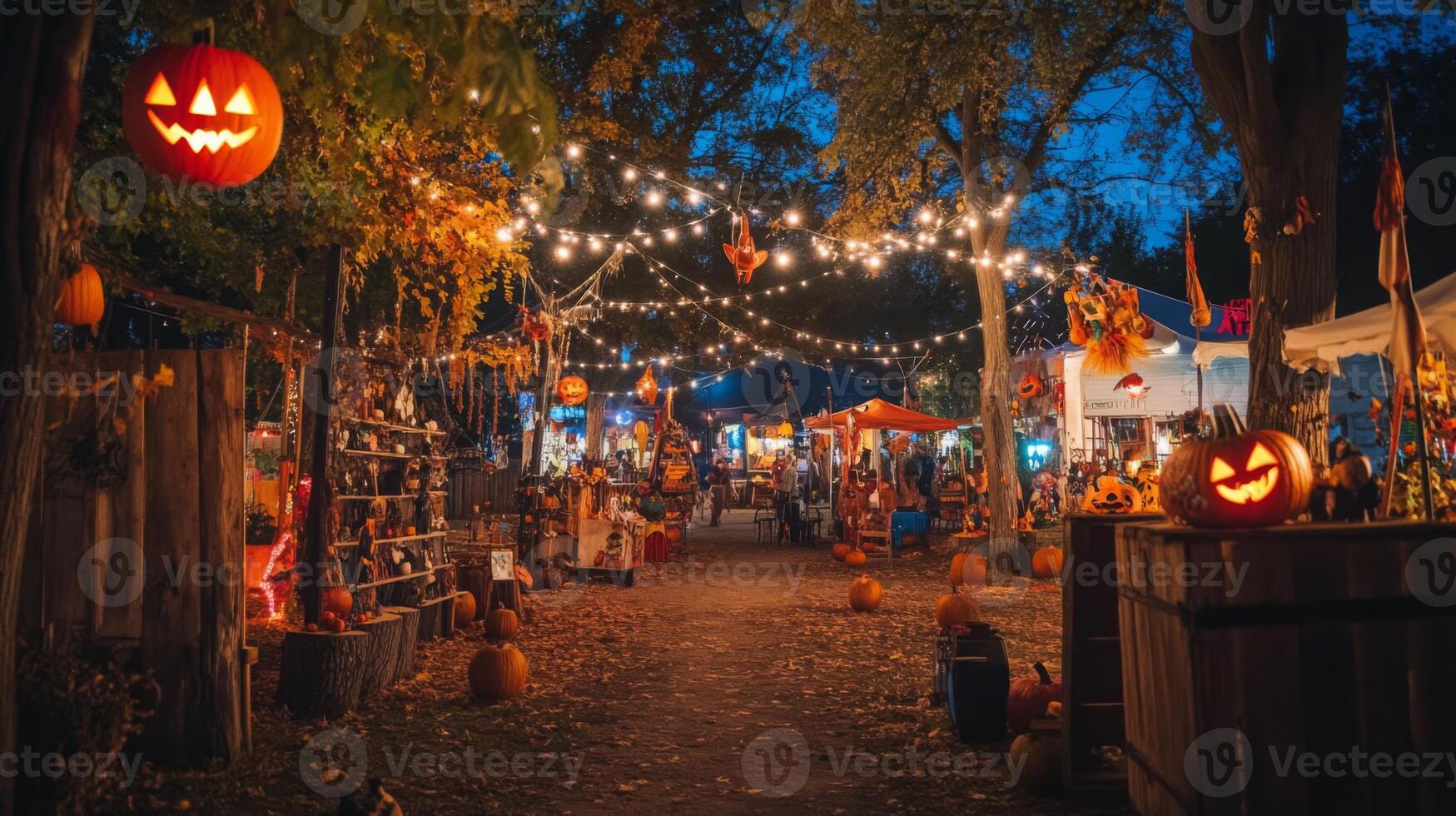 An enchanting autumn market filled with colorful pumpkins and decorations, illuminated by string lights, creating a festive atmosphere as evening descends during the Halloween season. photo
