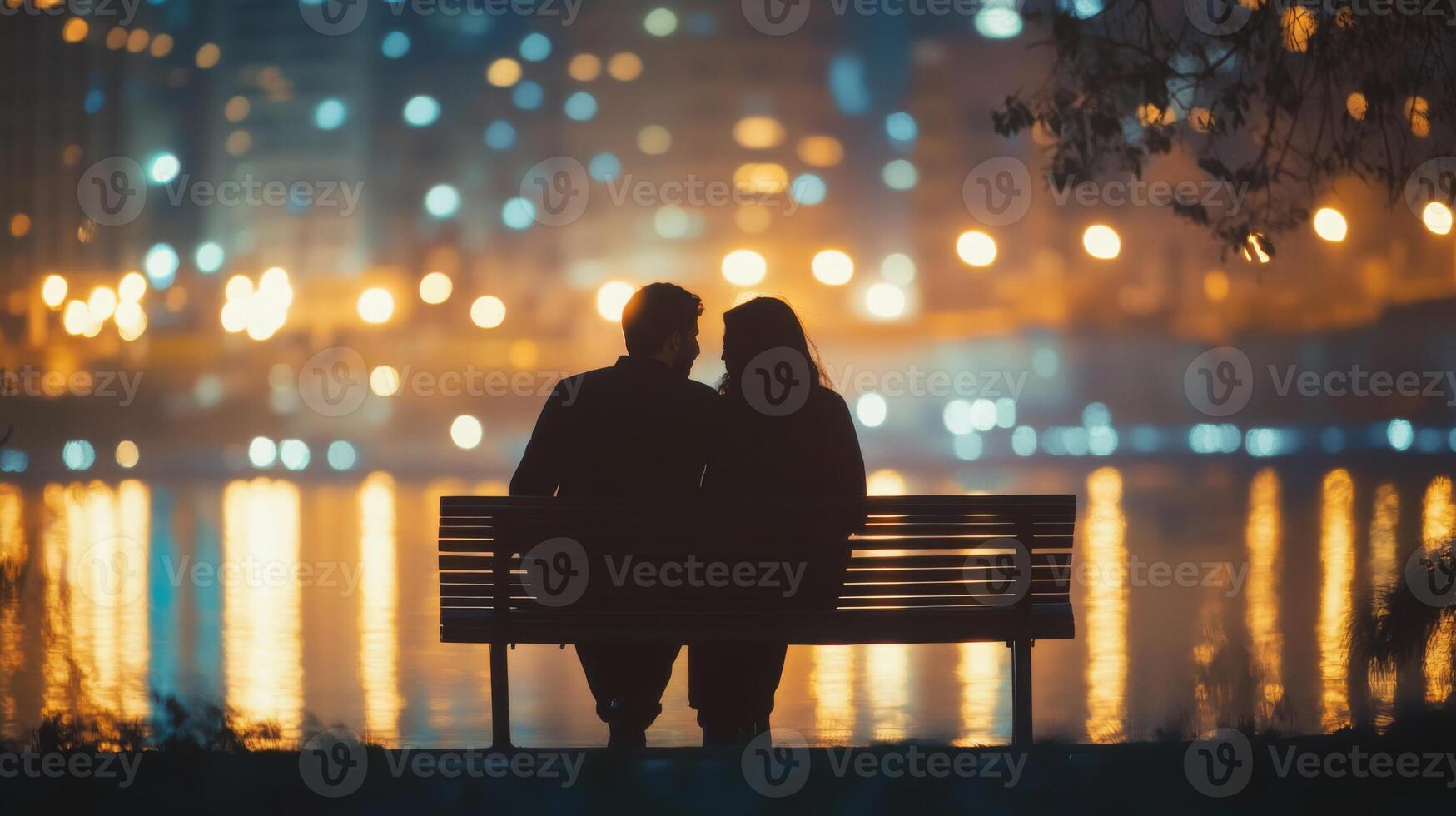 A couple appears deep in conversation while sitting on a bench near the water. The enchanting city lights create a serene backdrop, enhancing the intimate atmosphere of their evening together. photo