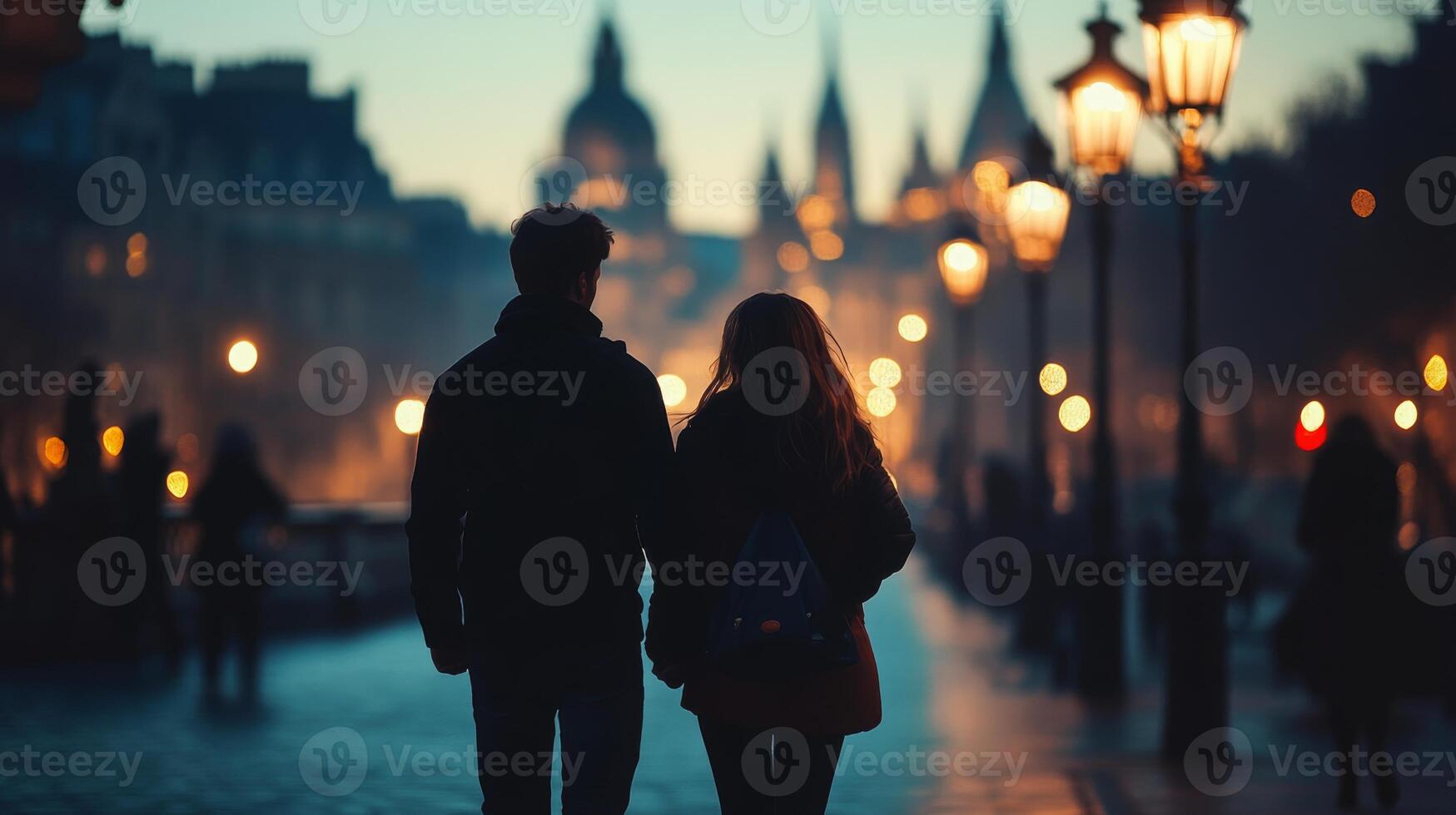 A couple strolls hand in hand along a city street, surrounded by glowing street lamps as dusk settles over the skyline. The silhouettes highlight their connection against the enchanting backdrop. photo