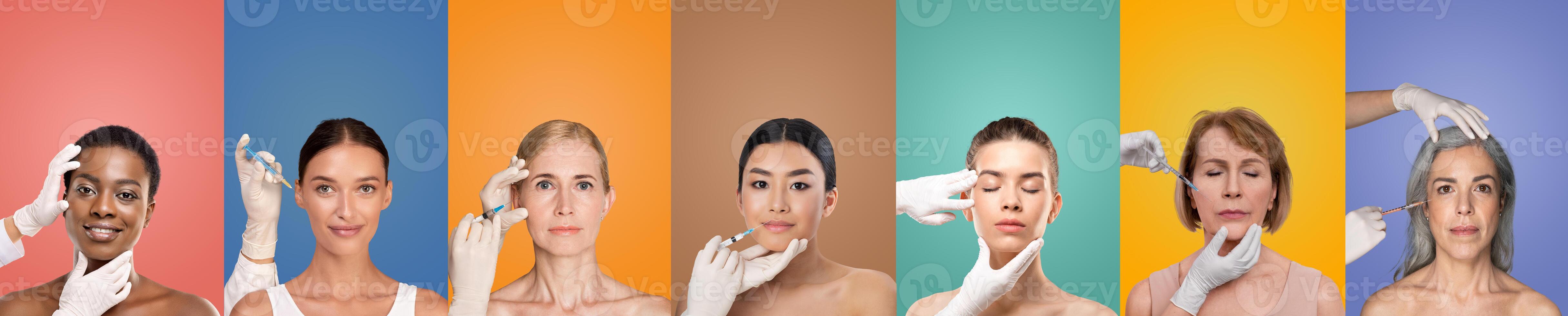 Seven multiethnic women of different ages shown receiving facial injections in a studio setting. Each woman is positioned in front of a colorful background photo