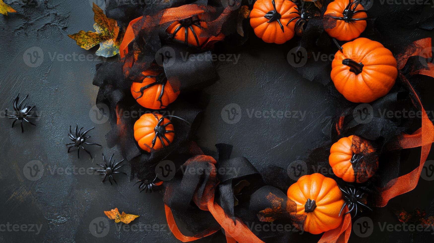 A decorative wreath made of miniature orange pumpkins and black ribbons sits on a dark surface, accented by faux spiders and dried leaves, creating a spooky atmosphere for Halloween celebrations. photo