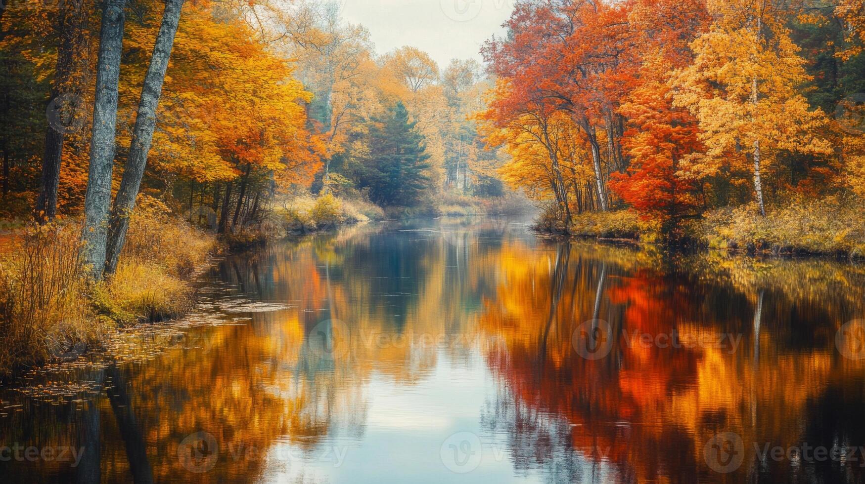 A serene river flows gently through a forest adorned with brilliant autumn leaves. The vibrant colors of the trees create beautiful reflections in the calm water, enhancing the peaceful atmosphere. photo