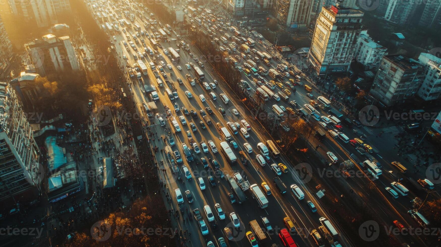Aerial view of a bustling city highway filled with a variety of vehicles during rush hour. The late afternoon sunlight casts a warm glow on the traffic, highlighting the busy atmosphere. photo