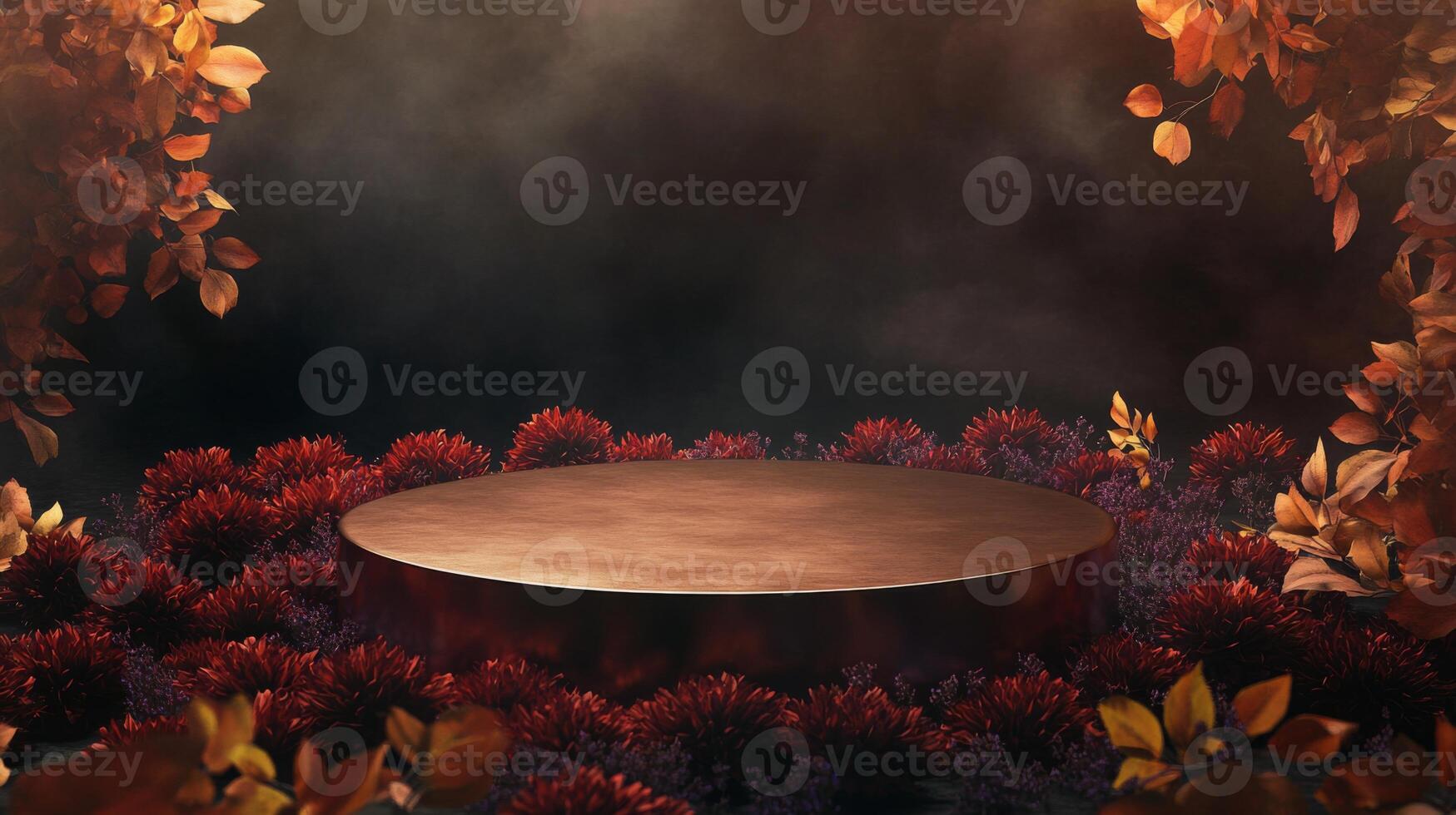 A circular stage is set amidst lush autumn foliage and colorful flowers, creating a serene atmosphere at dusk. The warm hues and gentle mist evoke a peaceful and inviting environment. photo