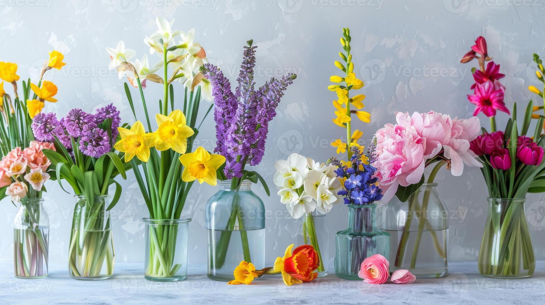 A collection of colorful spring flowers in clear glass vases, including daffodils, hyacinths, peonies, and more, arranged against a soft blue background. photo