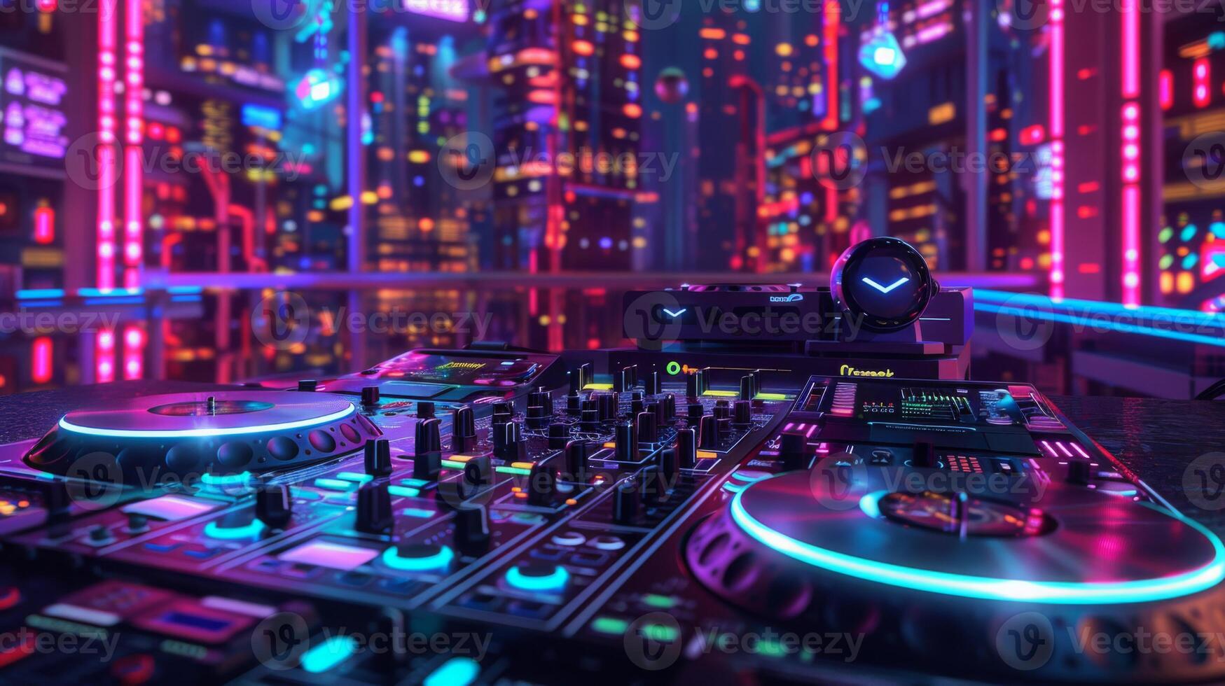 A DJ mixer sits on a table overlooking a brightly lit futuristic city with neon lights. photo