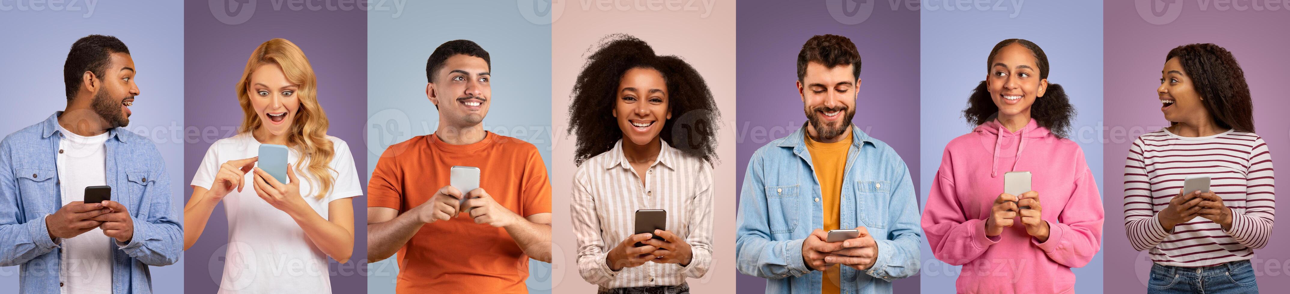 A cheerful group of diverse individuals share a lighthearted moment while using their smartphones, displaying excitement and engagement in a cozy, colorful backdrop. photo