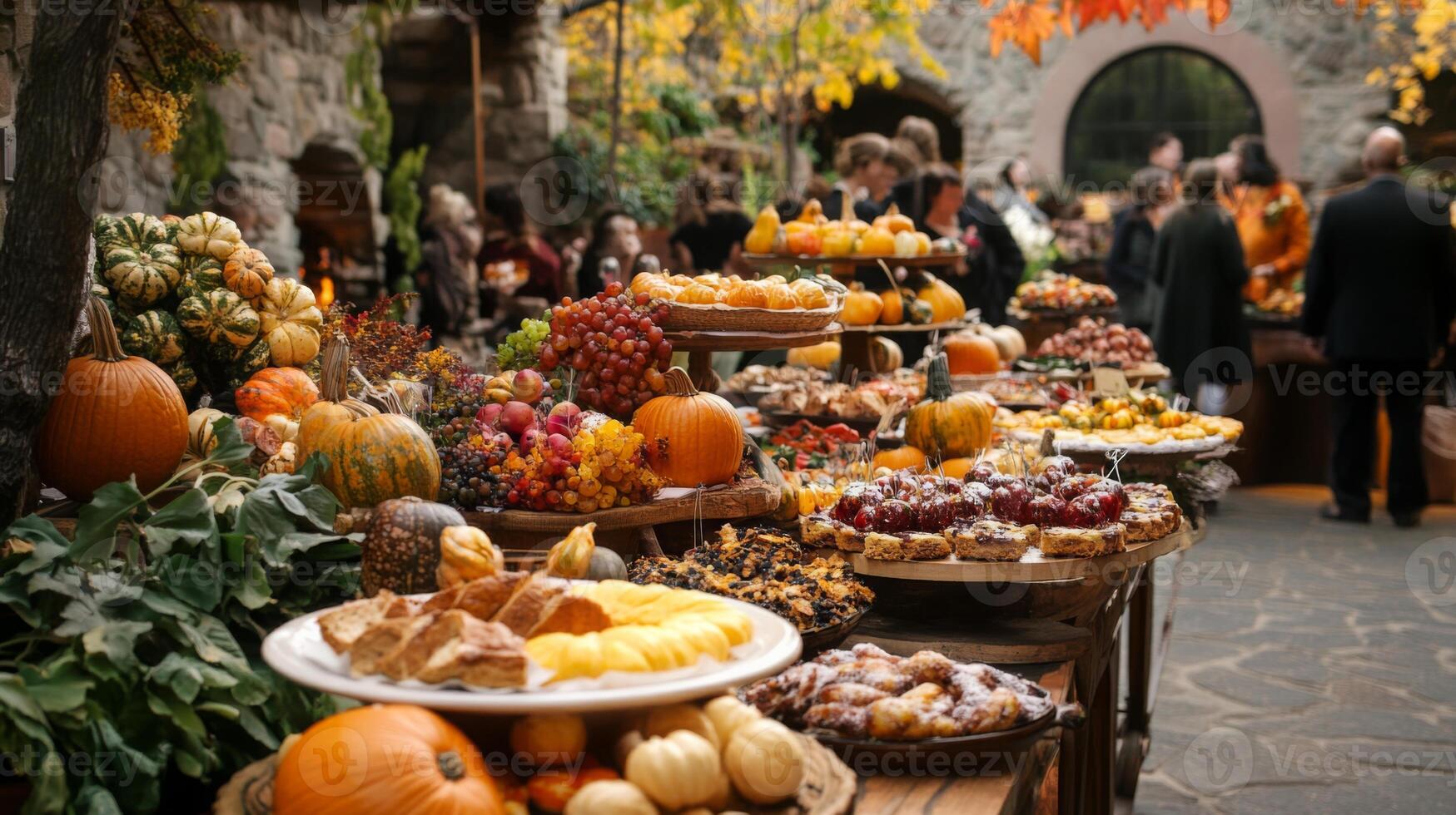 A festive autumn buffet features many different foods, including fruits, pumpkins, breads, and desserts. The buffet is set up in a rustic setting, with stone walls and foliage in the background photo