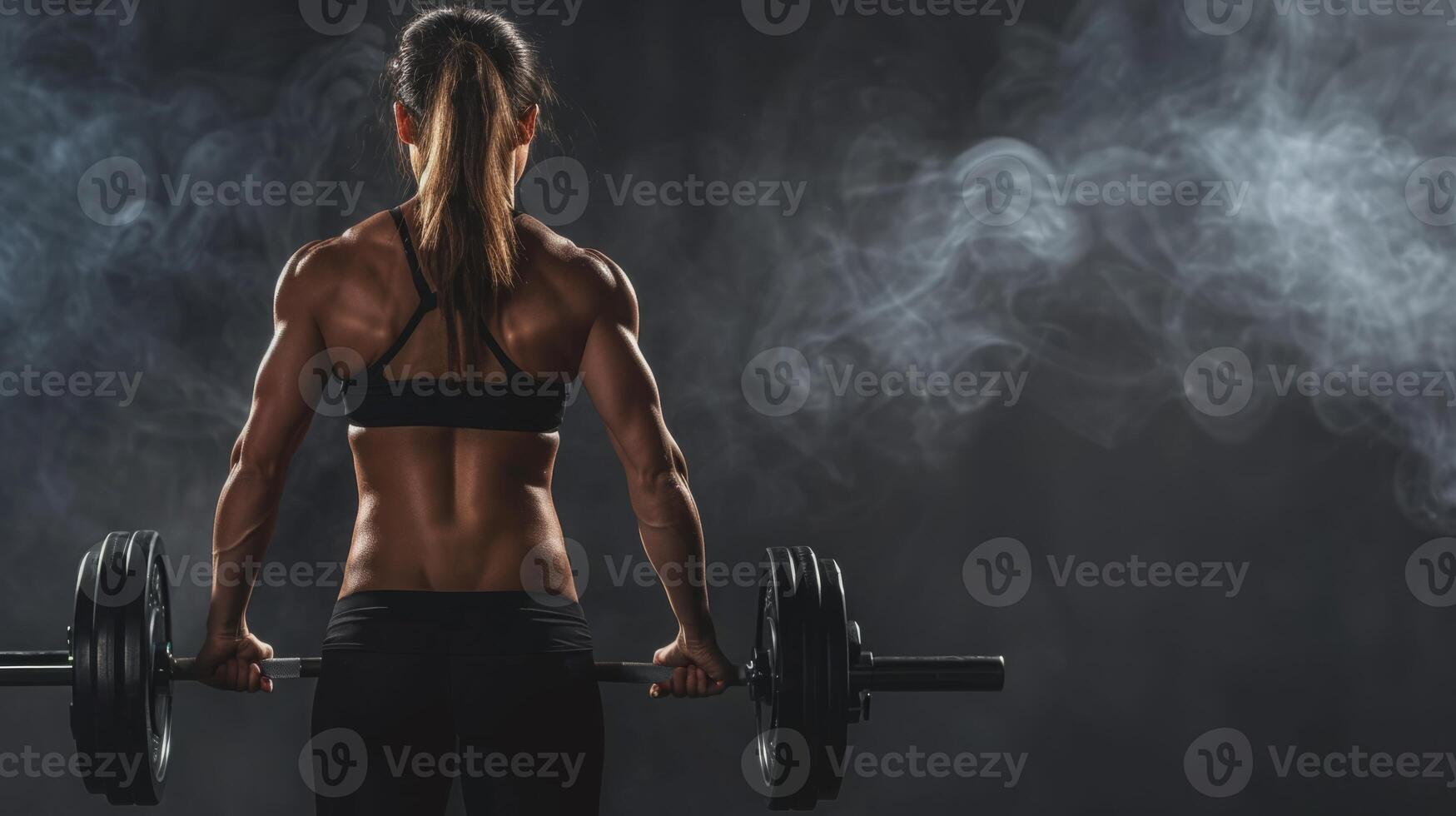 A muscular woman in black workout attire lifts a barbell while standing in a dimly lit gym setting with smoke billowing around her. photo