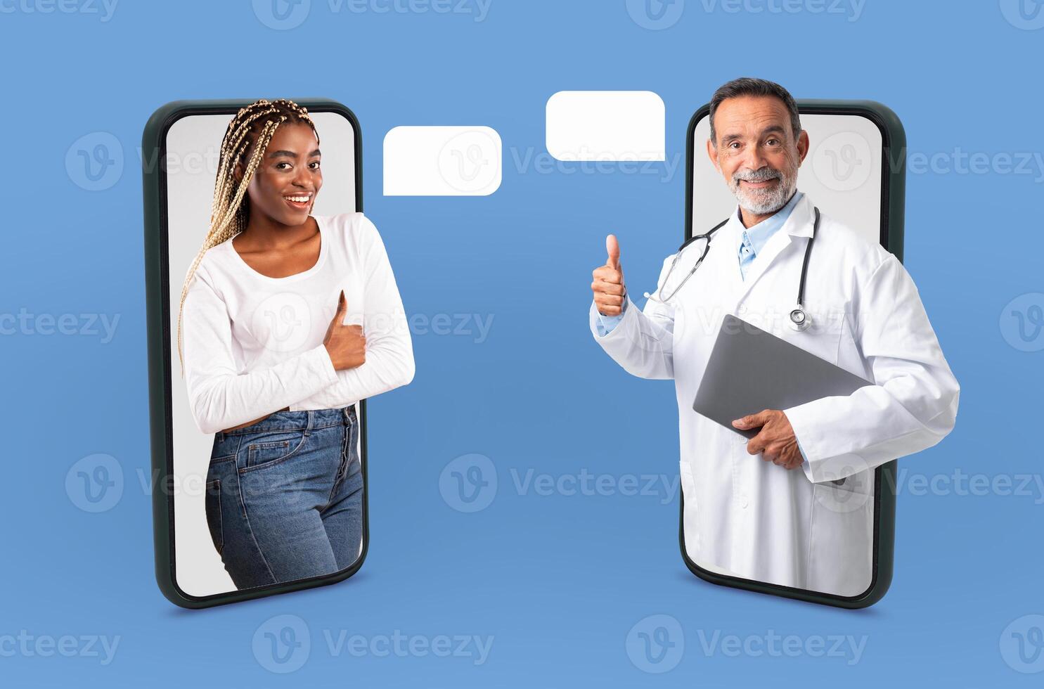 In the scene, a doctor and a woman are engaged in conversation using their smartphones. Both individuals seem focused and attentive, possibly discussing medical concerns or treatment options. photo