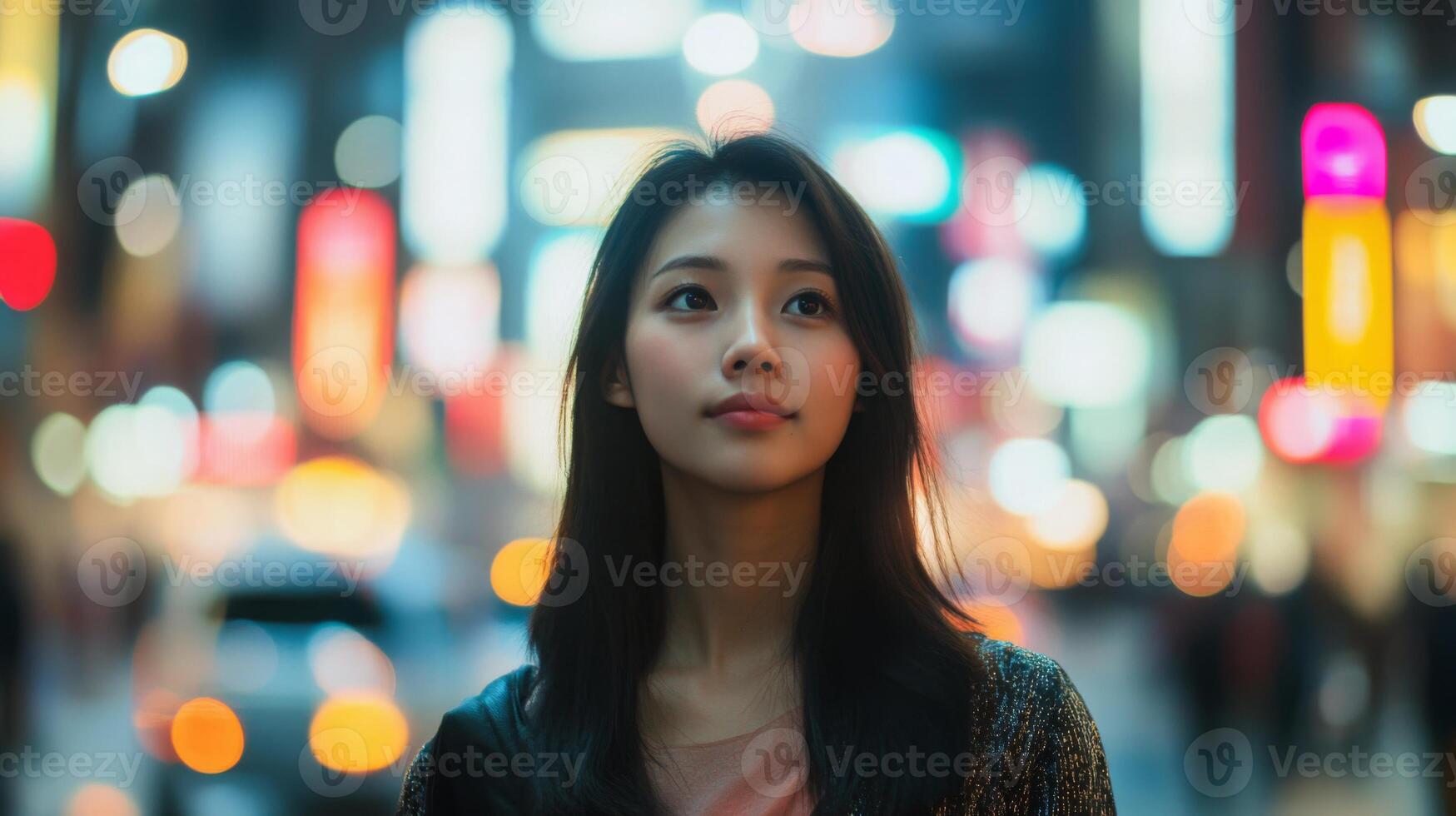 A young woman with long black hair stands in a city street at night. The street is lined with shops and buildings with brightly lit signs photo