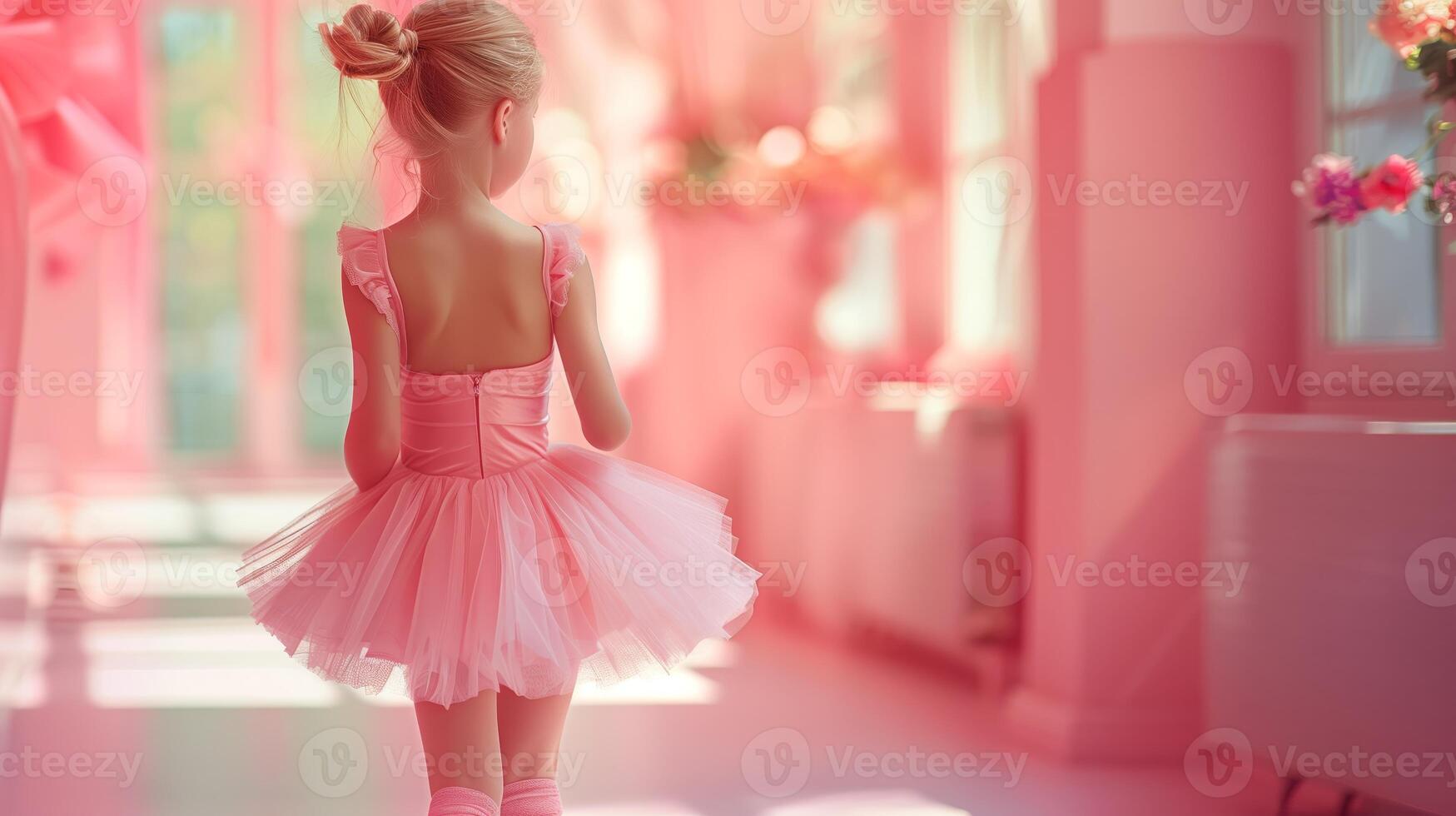 A young ballerina in a pink tutu walks through a brightly lit room, with pink walls and light streaming in through windows. photo