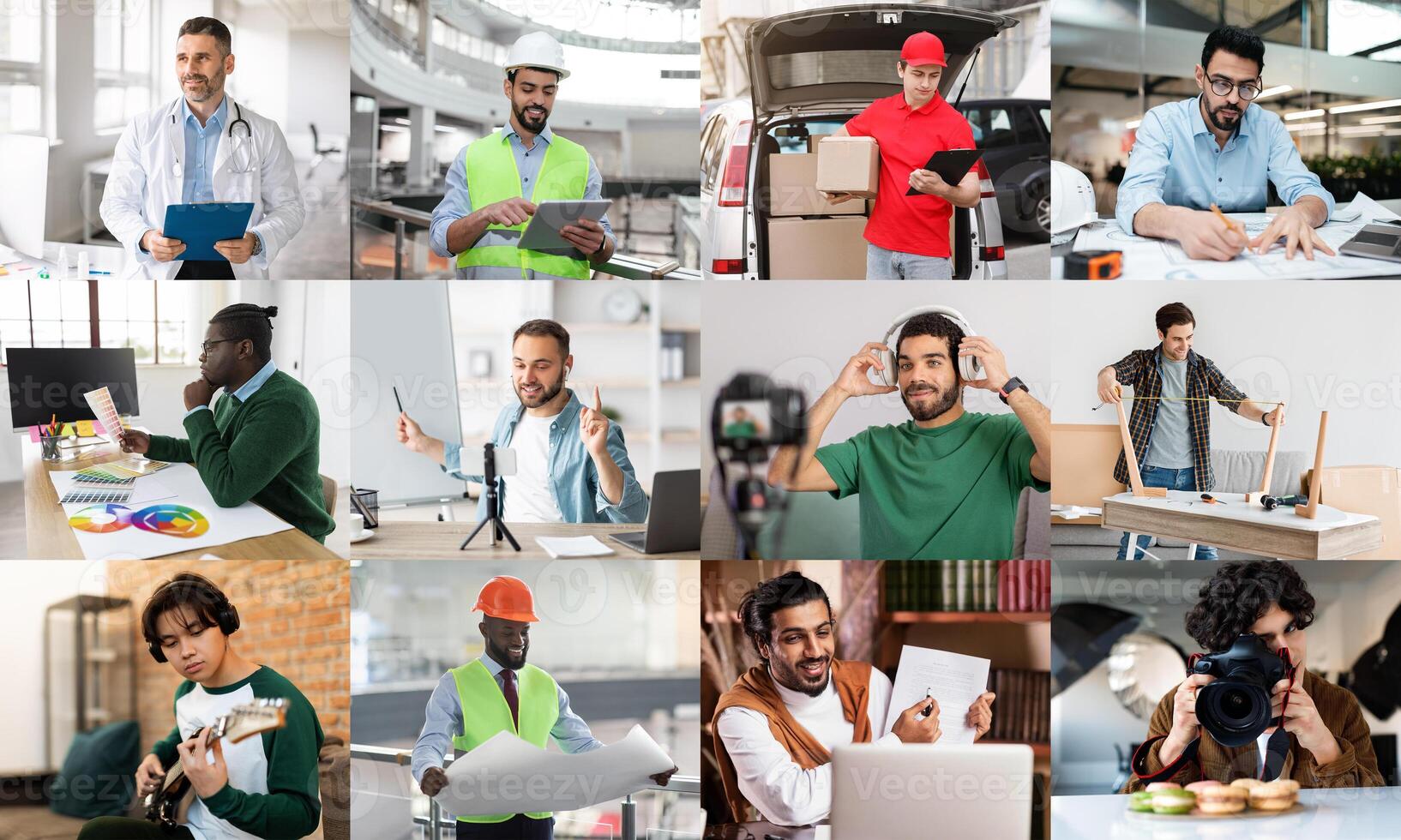 The image shows a diverse group of men working on various tasks in different modern indoor settings. photo