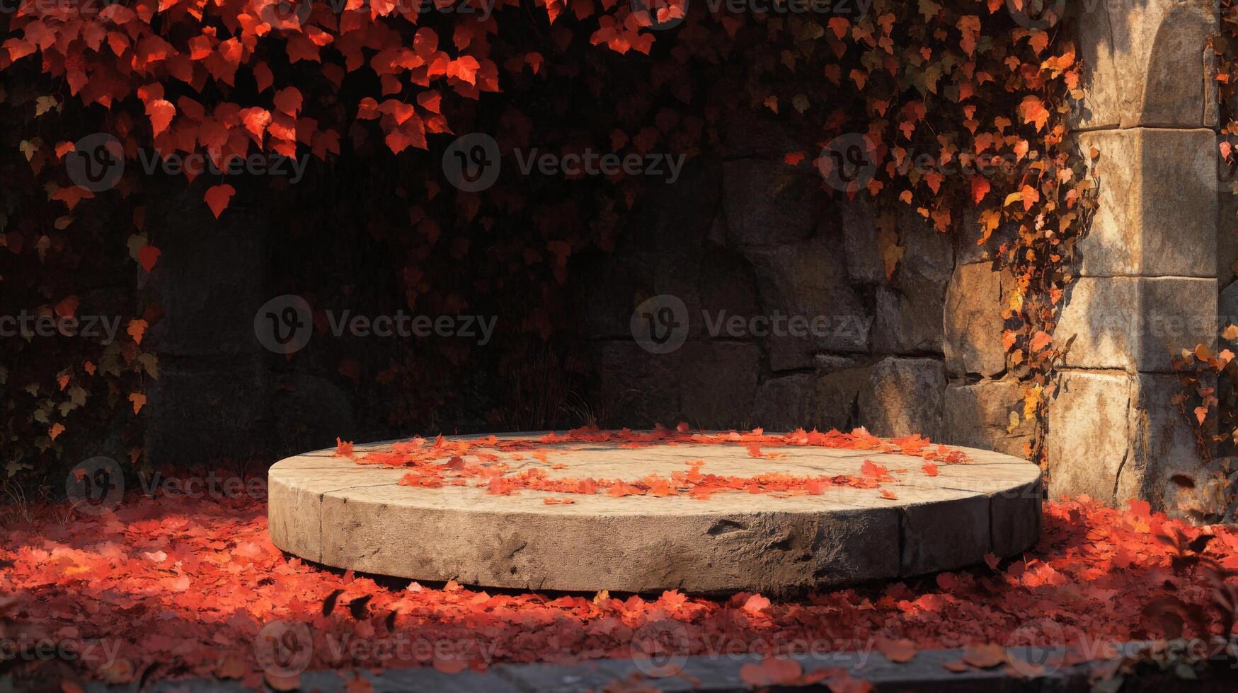 A circular stone platform is covered with colorful autumn leaves, set against a backdrop of weathered stone walls and climbing vines in a peaceful garden photo
