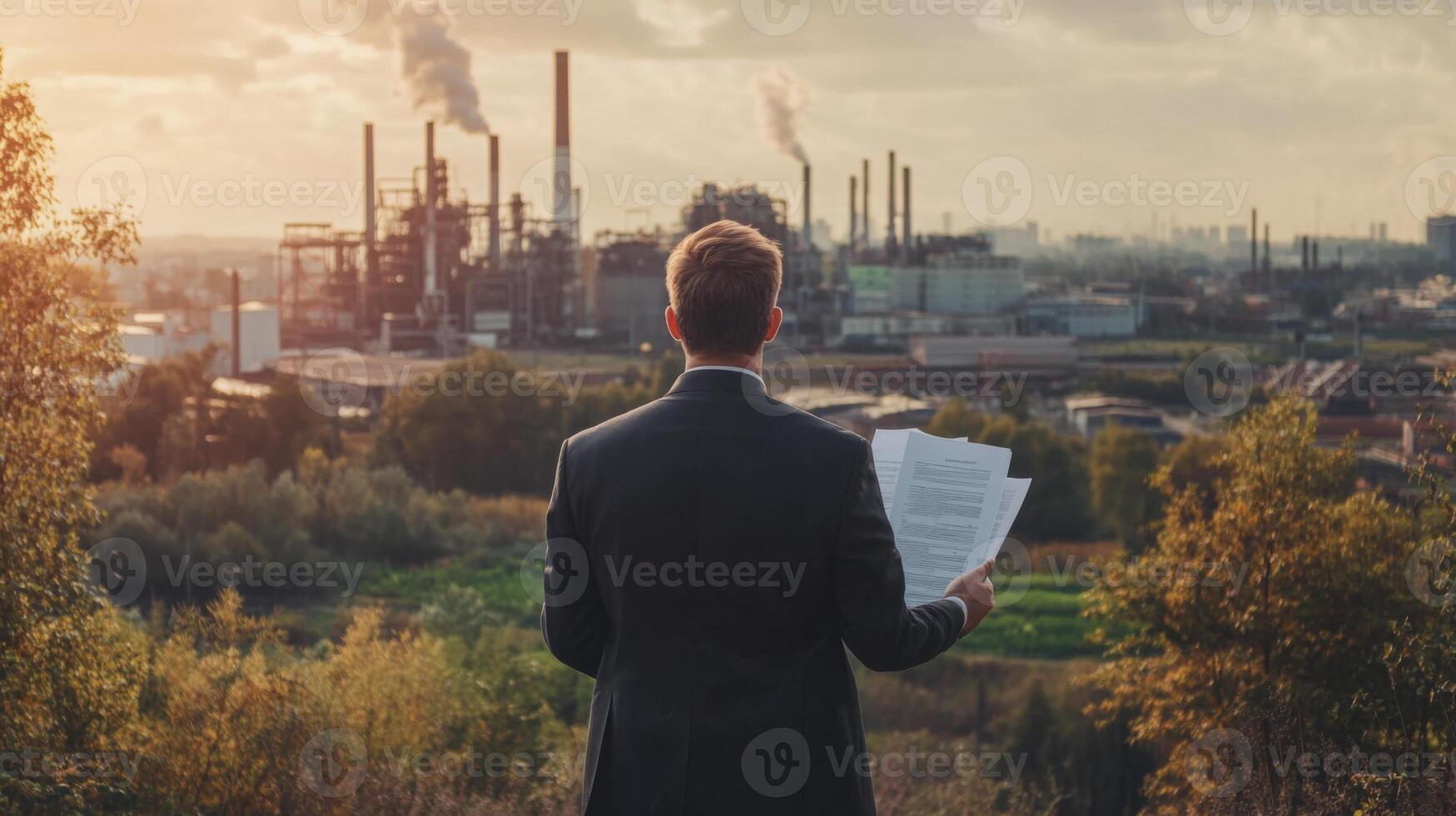 A businessman stands on elevated ground, papers in hand, gazing at a sprawling industrial landscape under a sunset sky filled with clouds. Smoke rises from several factories in the distance. photo