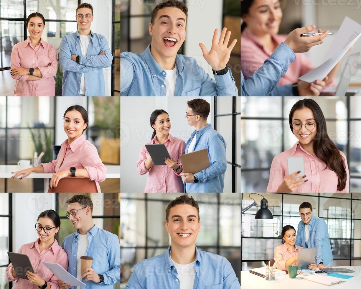 Two young professionals collaborate in a contemporary office setting, exchanging ideas and working on tasks together. The atmosphere is bright and lively, reflecting a positive work environment. photo