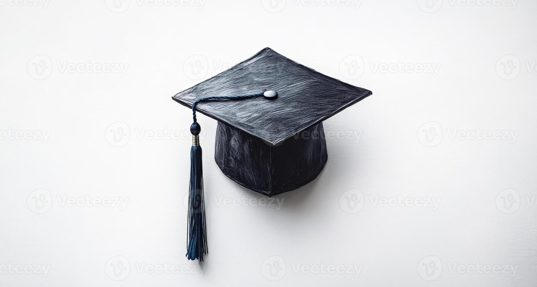 A black graduation cap with a tassel rests on a neutral background, representing the completion of academic studies and new beginnings. photo