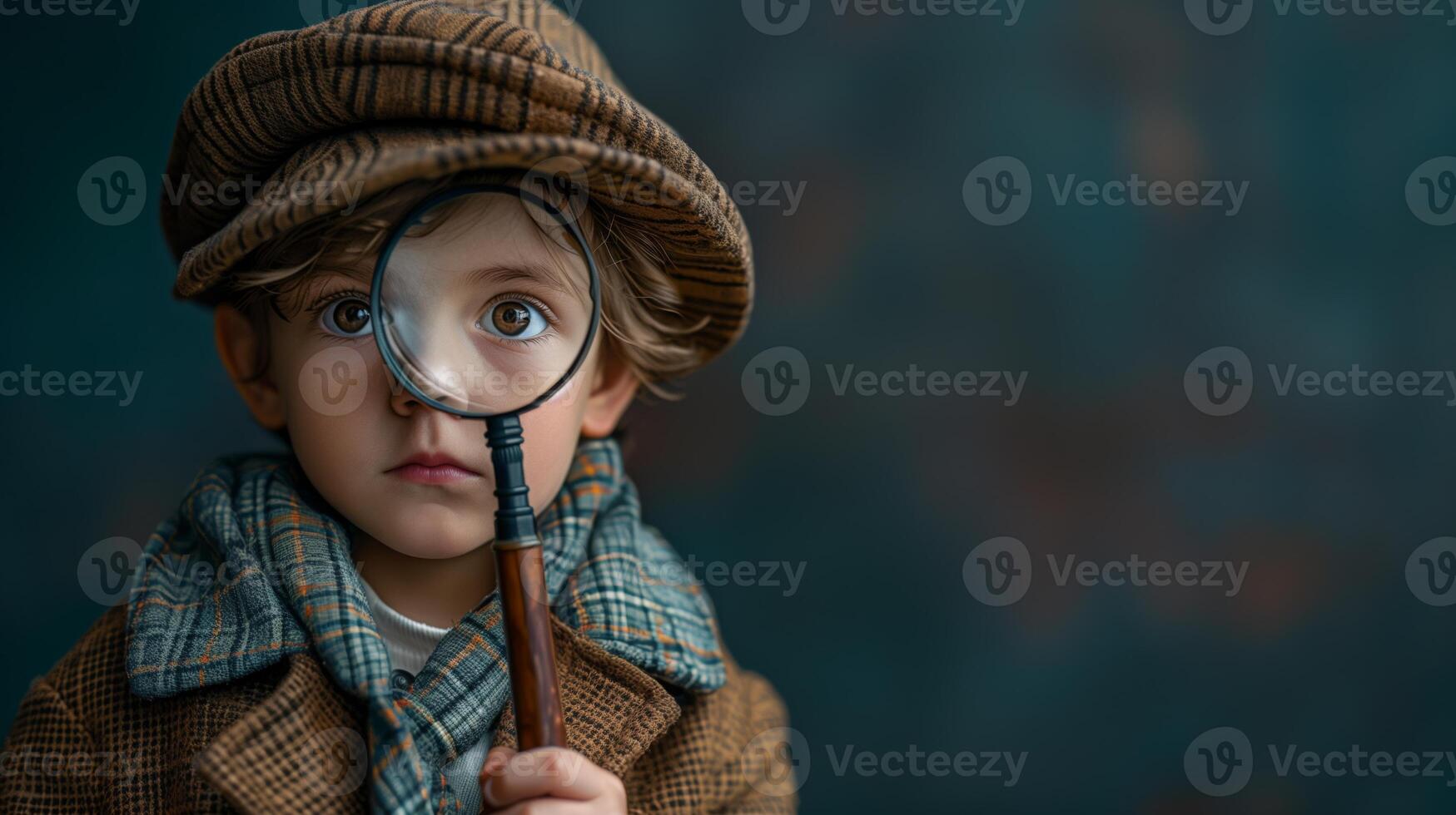A young boy dressed as a detective holds a magnifying glass to his eye, with a serious expression on his face. photo