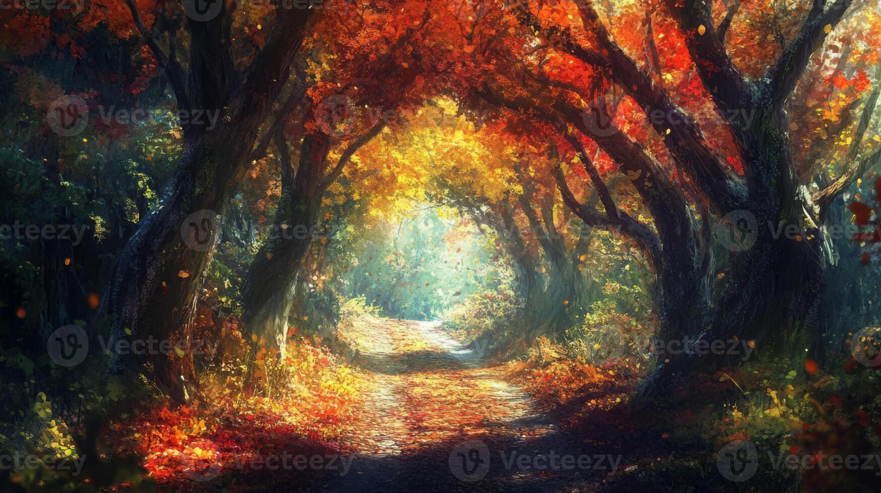 A serene forest pathway winds through towering trees adorned in vibrant autumn leaves. The warm light filters through the branches, creating a magical atmosphere perfect for a peaceful stroll. photo