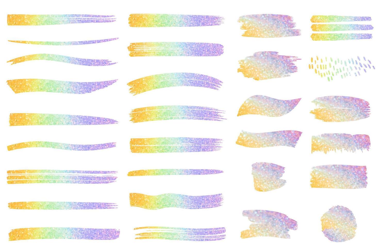 Rainbow gradient paint strokes. Set of brush strokes with multi colored glitter. Colorful rainbow backgrounds vector