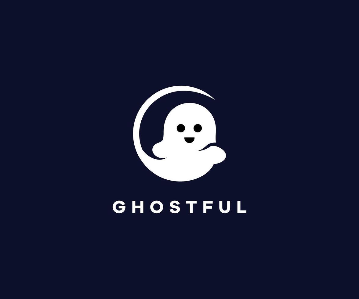 A playful ghost logo with a smiling face and crescent moon. vector