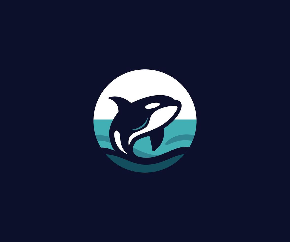 A stylized orca whale breaching in a circular ocean scene. vector