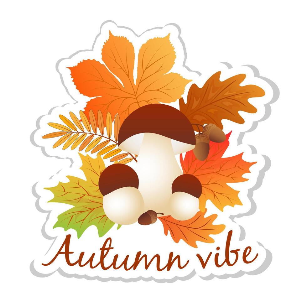 Sticker with autumn maple and chestnut leaves, acorns,oak leaves, rowan leaves, mushrooms on white background. vector
