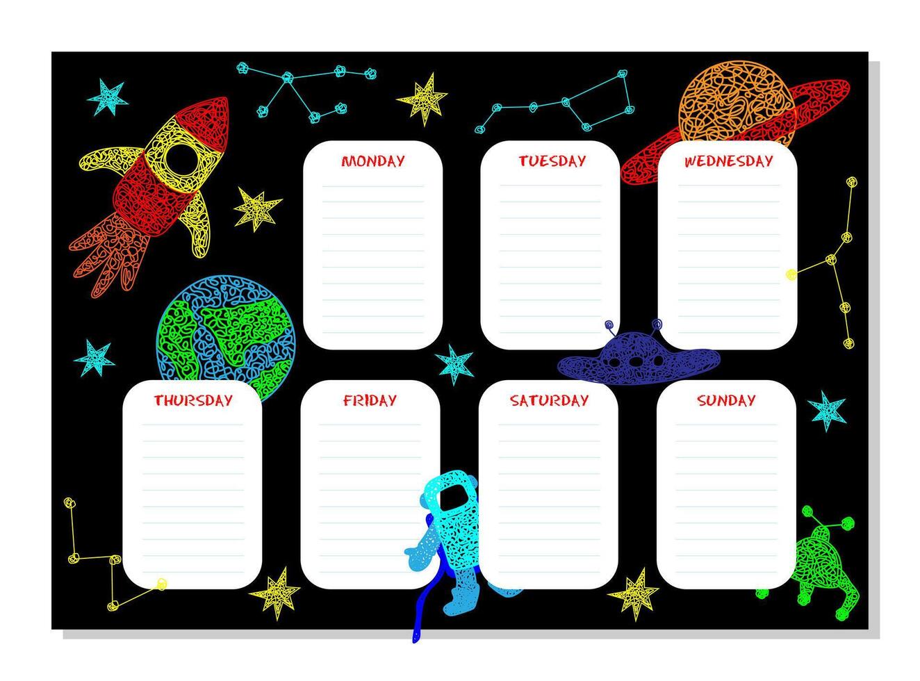 School weekly planner with hand drawn stars, flying sauer, planet, mars rover, rocket, earth planet,constellations on black background in childrens naive style. vector