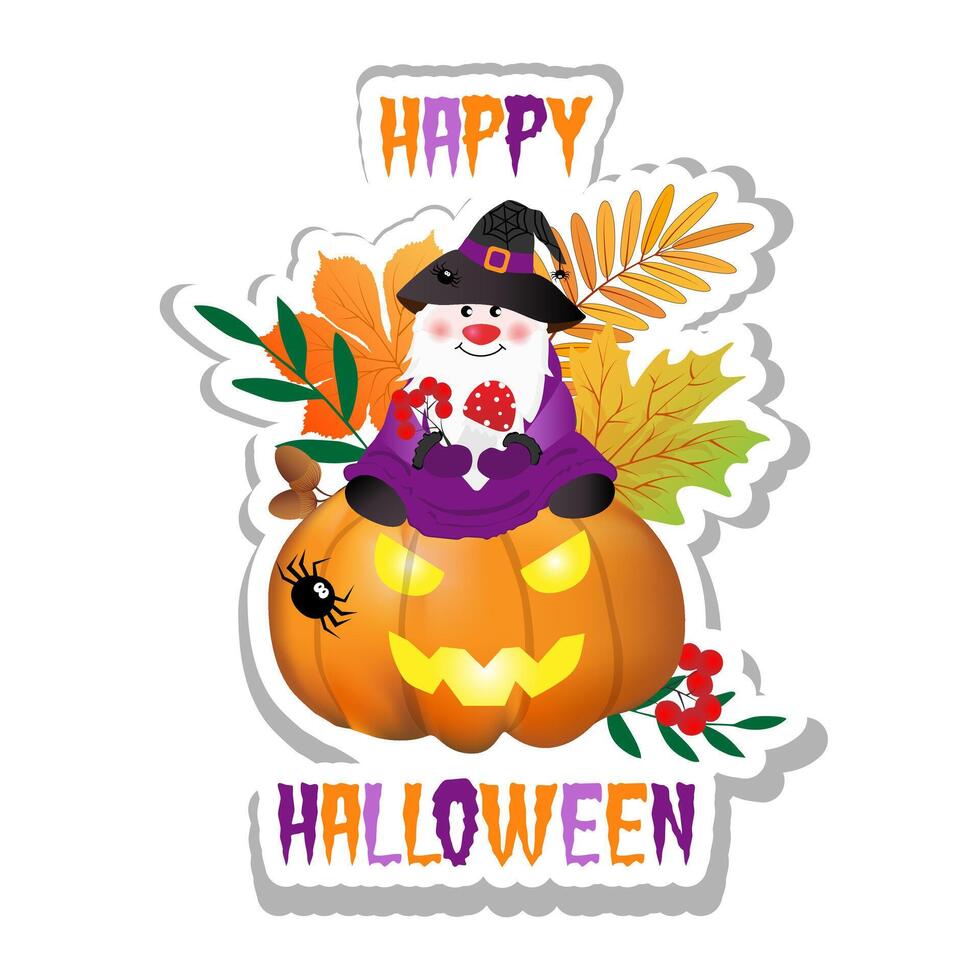 Halloween sticker with cute gnome, sitting on pumpkin and composition of fly agarics, autumn maple and acorns,oak leaves, rowan berries and leaves on white background. vector