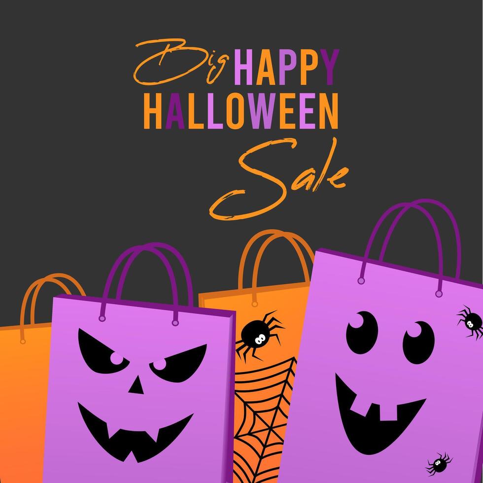 Happy Halloween sale banner, flyer on grey background with halloween bag, spiders, web. vector