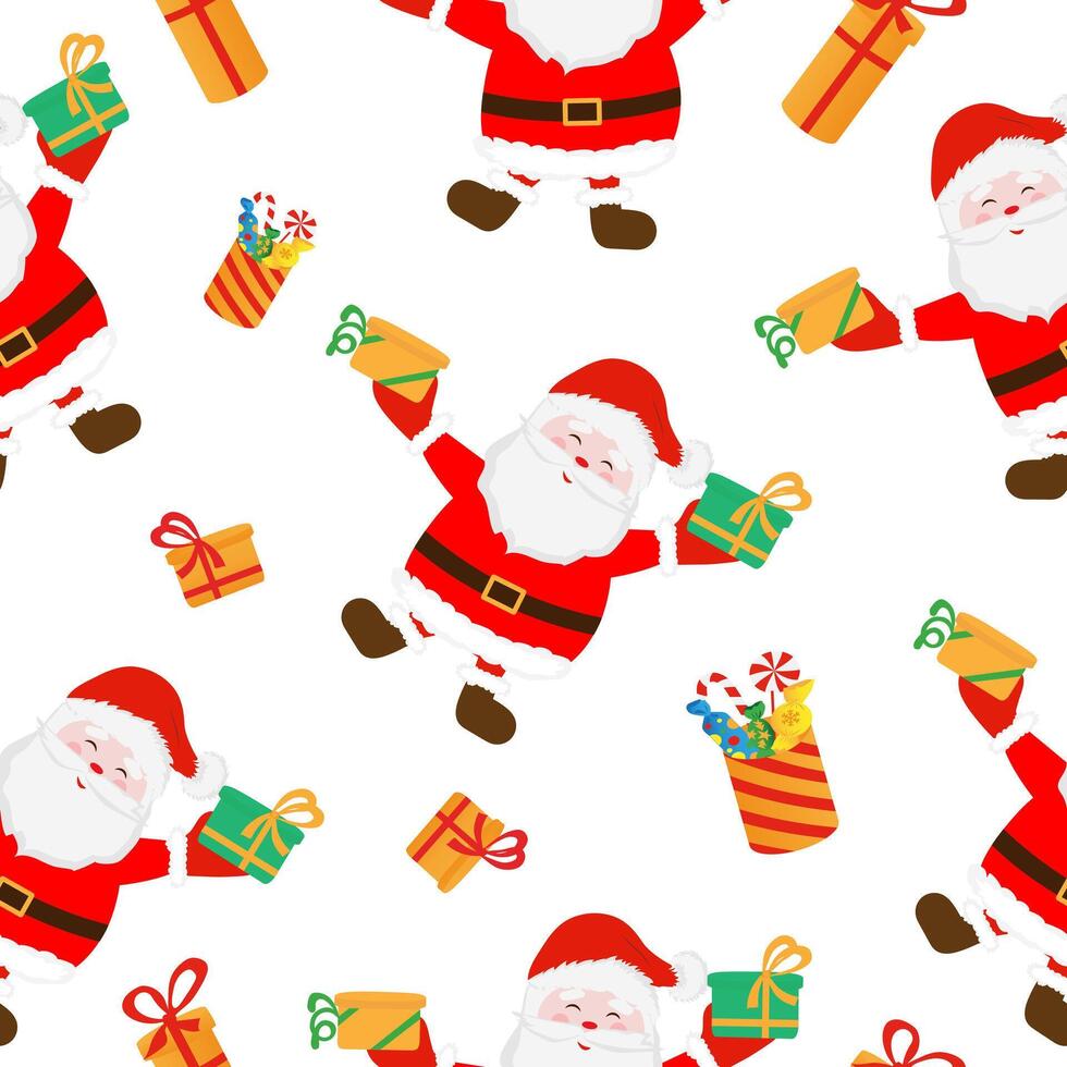 Seamless pattern with Santa Claus, gifts on white background. New year design for fashion, fabric, textile, packaging paper vector