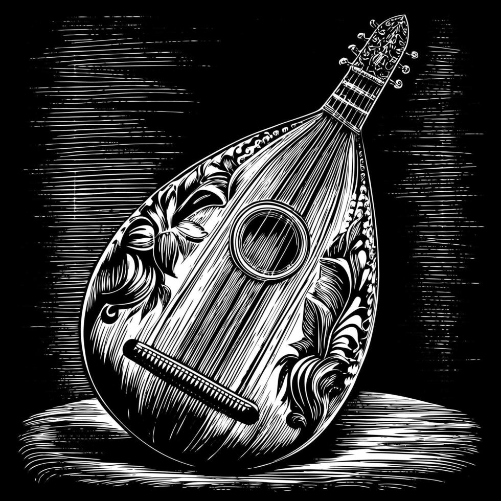 Intricately Designed Mandolin Engraving Artwork with Floral Patterns vector