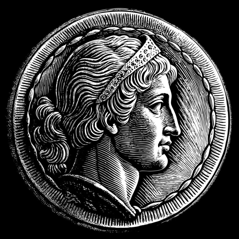 Engraved Ancient Coin Featuring Profile Portrait of Mythological Figure vector