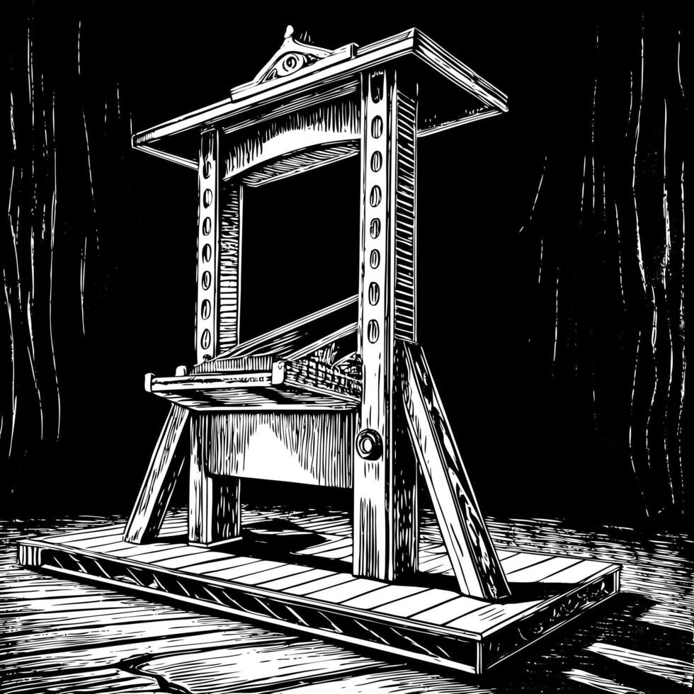Medieval Guillotine Woodcut Art Illustration Black and White Engraving vector
