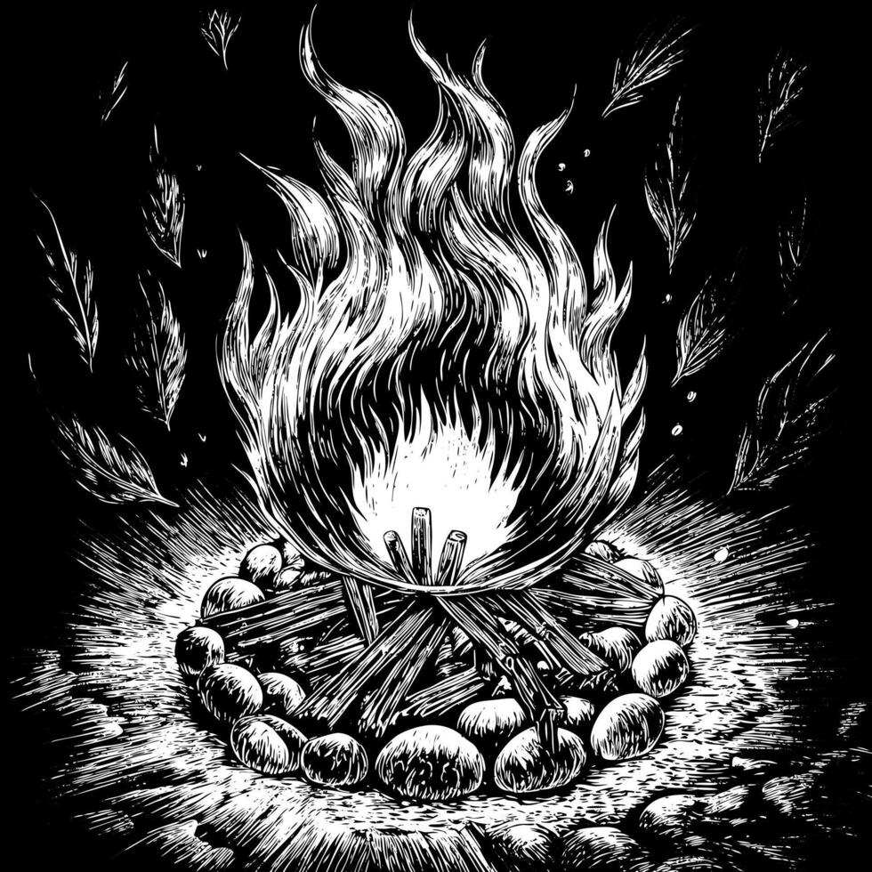 Illustrated Campfire with Flames and Sparks in Nighttime Black and White Art vector