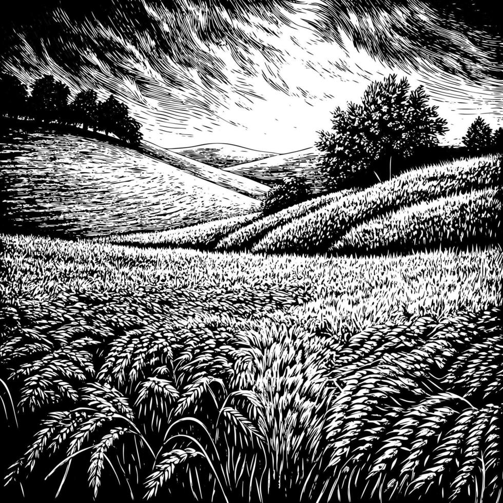 Monochrome Countryside Landscape with Rolling Hills and Wheat Fields vector