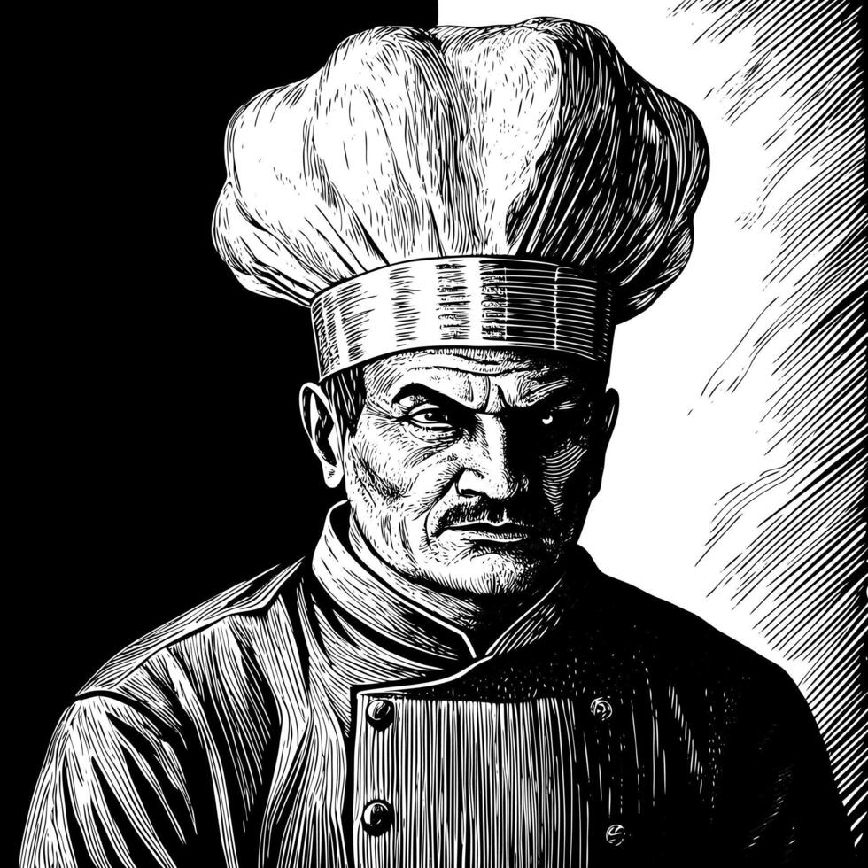 Monochrome Illustration of a Serious Chef with Chef Hat and Uniform in Vintage Woodcut Style vector